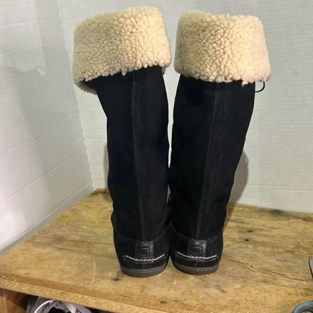 Sperry‎ topsider tall black moccasin boots Sherpa lace up booties